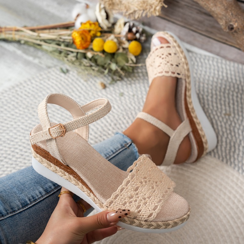 Espadrille Sandal Women - Dames kanten sandalen met sleehak Espadrille