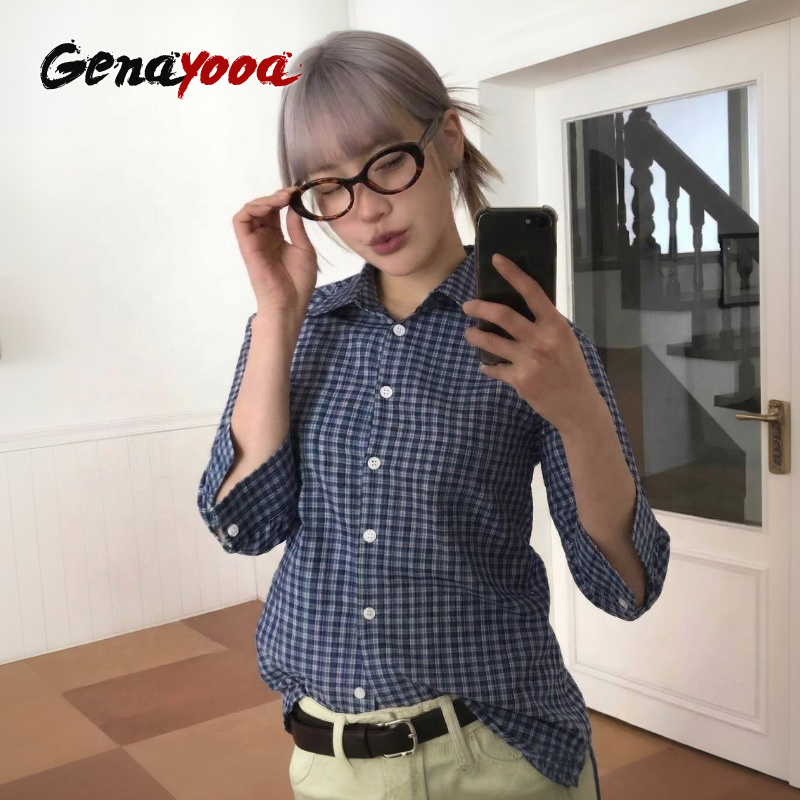 Summer Grunge Clothing - Genayooa Y2k Plaid Shirt Vrouwen Driekwart