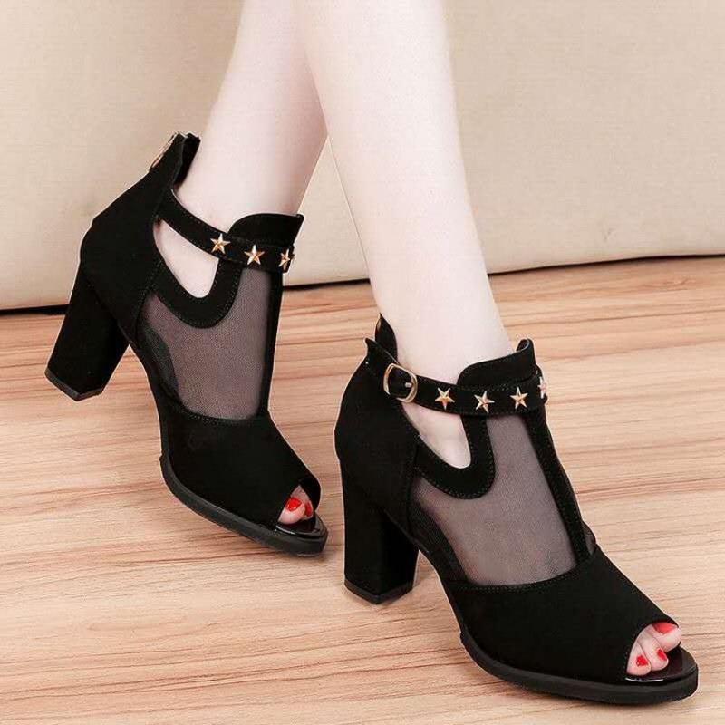Summer Clothing Korea - Mesh peeptoe blokhakken dames sandalen met