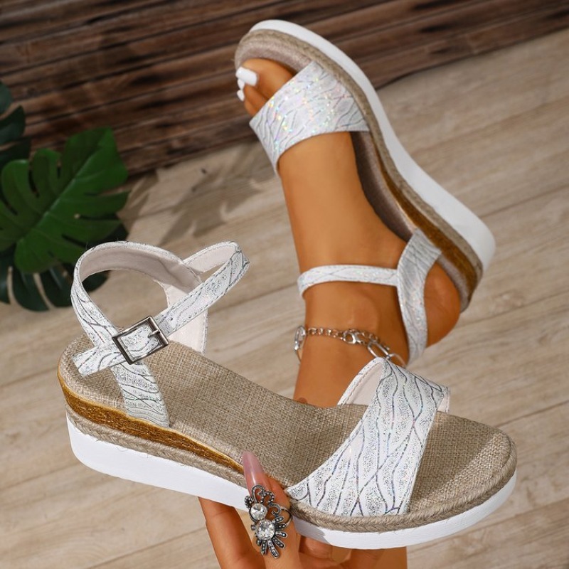 Espadrille Sandal Women - Wedgesandalen voor dames, witte plateauhakken, enkelband,